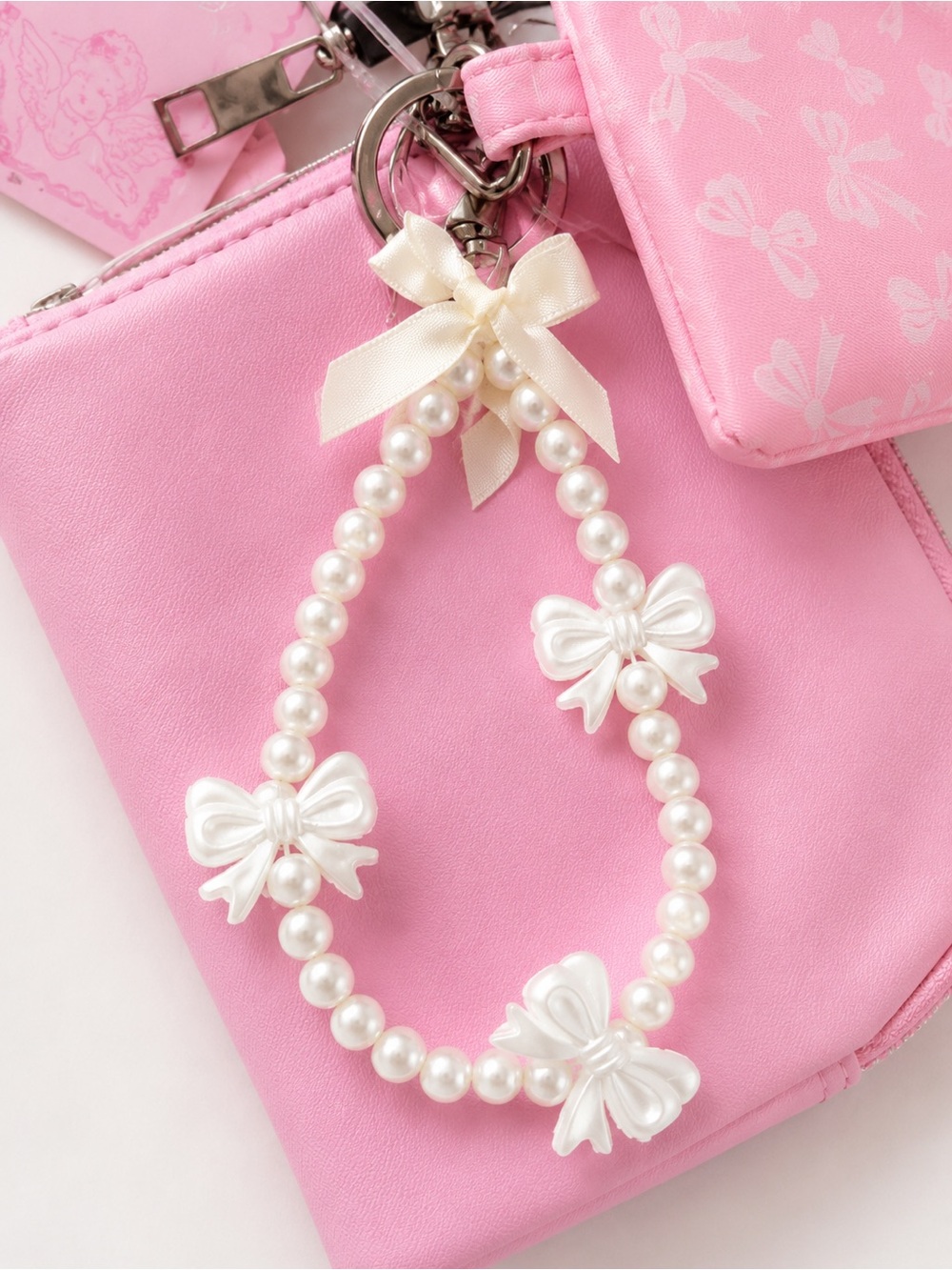Pink Dual Wristlet Keychain Coin Pouch Card Holder Pearl Bow Charm NWT - Picture 2 of 8